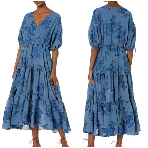 Ted Baker NWT Zilda Puff Sleeve Midi Fixed Wrap Front Dress Size 2 (US 6) Blue - Picture 1 of 15